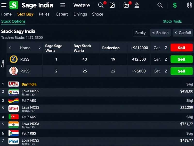 Stock Sage India trading screen showing buy/sell options for Indian companies